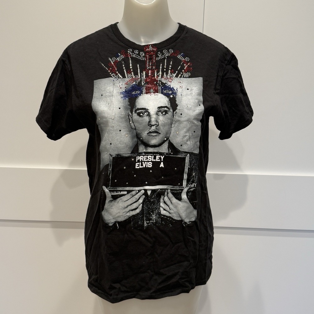 ELVIS PRESLEY Mug Shot With Beaded Crown Womens Black T-shirt Size‎ Small